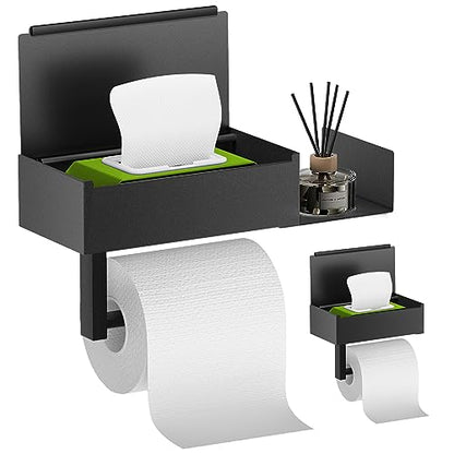 Toilet Paper Holder with Shelf, FUNLEU Self Adhesive Toilet Paper Holder with Storage, Wipe Holder for Bathroom Flushable Wipes Dispenser - Stainless Steel Toilet Holder Wall Mount, Matte Black - color: Black