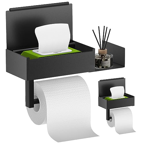 Toilet Paper Holder with Shelf, FUNLEU Self Adhesive Toilet Paper Holder with Storage, Wipe Holder for Bathroom Flushable Wipes Dispenser - Stainless Steel Toilet Holder Wall Mount, Matte Black - color: Black