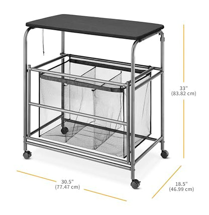 Whitmor Triple Laundry Sorter with Ironing & Folding Table - Rolling Laundry Sorter with Ironing Table - Gunmetal - size: 3 Section lroning Board，Black