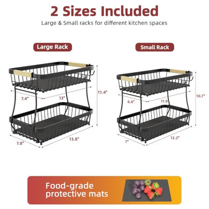Sevenblue 2-Tier Fruit Basket with Banana Hangers, Detachable Metal Bowl | Wooden handle, protective mats included. Versatile holder for bread, snacks, and veggies. 2-Pack 2 tier metal design. - color: Black, size: 2-Pack