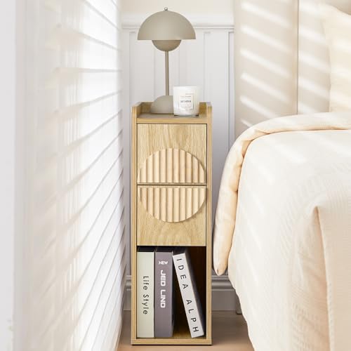 Narrow End Table with 2 Drawers, Fluted Slim Nightstands, Mid Century Modern Wooden Side Table for Small Spaces, 7.9" Wide Skinny Bedside Tables,Narrow Side Table for Bedroom - color: Natural X20