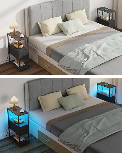 TUTOTAK Small Narrow LED End Table with Charging Station, Side Table Outlets, Nightstand with Cloth Drawer, Set of 2, Couch Table, for Living Room, Bedroom, Bedside, Charcoal Grey TB01BY059 - color: Charcoal Grey, style: 1 Drawer with Plug & Light