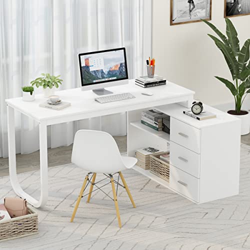FUFU&GAGA 55.1" Large L-Shaped Office Desk with 41.3" File Cabinet, Corner Computer Desk with 3 Drawers & 2 Shelves, Workstation Executive Desk with Storage Shelf for Home Office, White - color: White