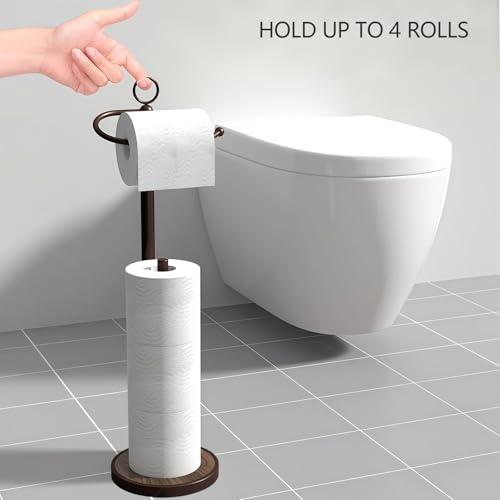 Toilet Paper Holder Free Standing with Storage 4 Rolls Stainless Steel Toilet Paper Holder Stand with Weighted Wood Grain Base Space-Saving Tissue Roll Holders for Bathroom Black & Bronze (Bronze)