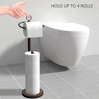Toilet Paper Holder Free Standing with Storage 4 Rolls Stainless Steel Toilet Paper Holder Stand with Weighted Wood Grain Base Space-Saving Tissue Roll Holders for Bathroom Black & Bronze (Bronze)