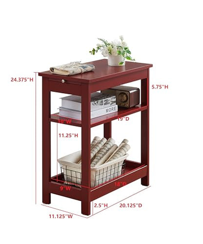 KB Designs - Narrow Side End Table with Storage Shelves for Small Spaces, Nightstand Sofa Table for Living Room, Bedroom, Red - color: Red