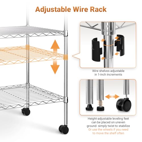 Simple Deluxe Heavy Duty 4-Shelf Shelving with Wheels, 35.43" D x 17.72" W x 61.02" H Adjustable Steel Organizer Wire Rack 1000 Lb Capacity, Chrome - size: 4-Tier, 17.72"W x 35.43"D x 61.02"H