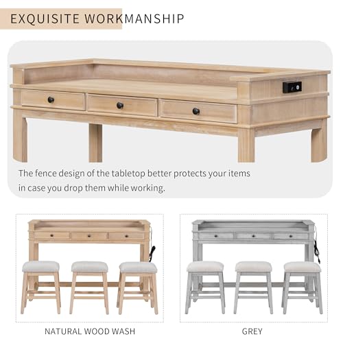 4-piece Dining Bar Table Set with 3 Upholstered Stools, Rubber Wood Counter Height Multifunctional Dining Table with 3 Drawers and USB Port, Side Table with Footrest Pub Kitchen Set (Natural-N2) - color: Natural-n2