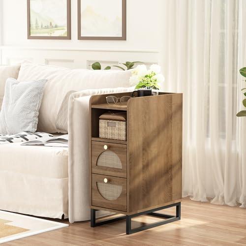 Narrow Nightstand for Small Spaces - 9.3" Slim Side Table with Rattan-Weave Drawers, Skinny Bedside Table with Open Shelf, Rustic Tall Thin Gap Filler for Bedroom & Sofa Side, Caramel Oak - color: Caramel Oak