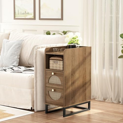 Narrow Nightstand for Small Spaces - 9.3" Slim Side Table with Rattan-Weave Drawers, Skinny Bedside Table with Open Shelf, Rustic Tall Thin Gap Filler for Bedroom & Sofa Side, Caramel Oak - color: Caramel Oak