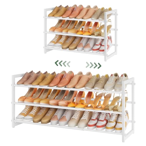 FAVOOSTY 3-Tier Expandable Shoe Rack, Adjustable Shoe Shelf Storage Organizer Space Saving Metal Free Standing Shoe Rack for Entryway Closet Doorway, White - color: White, size: 3 Tier