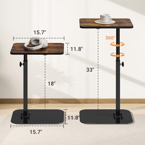 ELYKEN TV Tray Table, C-Shape Couch Desk, 360° Swivel Side Table Height Adjustable, Laptop Stand for Couch Recliner, Small Bedside Tables, Rustic Brown - color: Rustic Brown