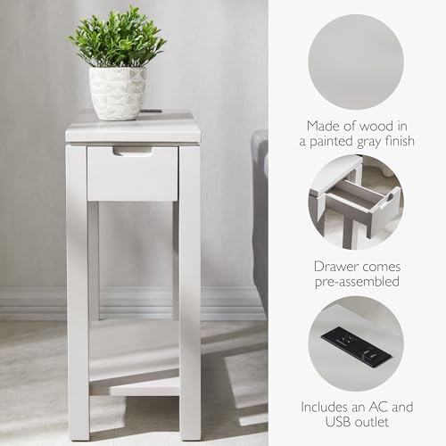 Leick Home 9080-GR Cade Wood Side Table with Drawer and AC/USB Outlet, Gray - color: Grey, size: Chairside