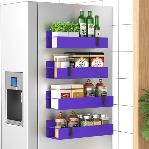 4 Pack Magnetic Spice Storage Rack Organizer for Refrigerator and Oven, Purple Fridge Organizers and Storage | Magnetic Shelves Heavy Duty for Fridge in Kitchen, Seasoning Storage Organizer, For Oven Washer and Dryer, For Heavier Items - color: Purple, si