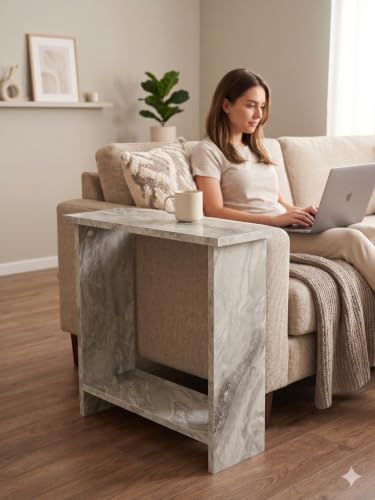 Narrow Side Table for Living Room, Slim End Table for Small Spaces Between Couch, Recliner or Armchair, 2 Tier Skinny Table with Open Shelf, Engineered Wood Sofa Beverage Thin Stand (White Marble) - color: White Marble