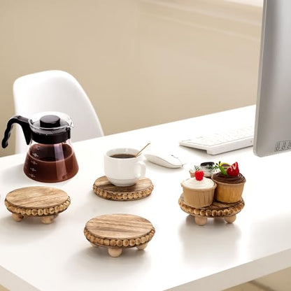 HouseJoy Round Wood Risers for Display：2P Beaded Riser Distressed Decor | Stable Wood Coaster-Rustic Farmhouse Pedestal Display Riser for Cake/Plant Stand/ Tiered-Ball Decoration-Raised High Holder