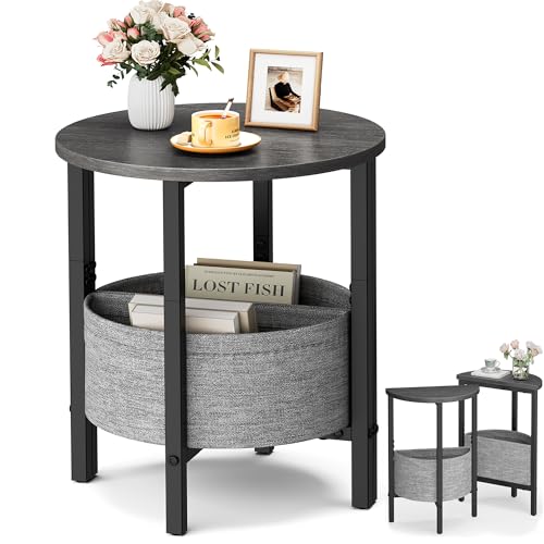 Vagusicc Small Round Side Table End Table, Tall Accent Table with Storage Basket, Set of 2 Half Round Table Half Moon Tables, Coffee Bedside Table Modern Nightstand for Living Room Bedroom Gray Walnut - color: Gray Walnut