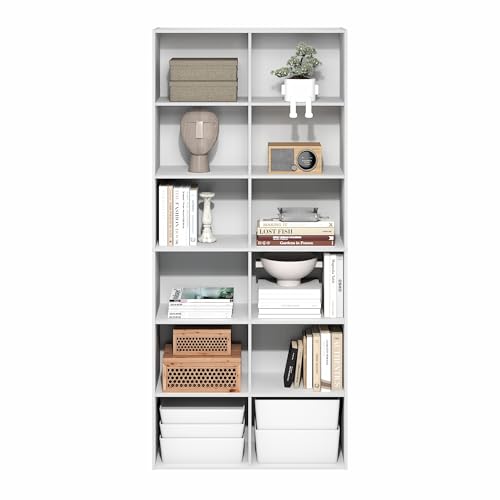 Furinno Basic Book Shelf, 12-Cube Bookshelf, Open Shelf Bookcase, Cube Storage Organizer, 12 x 32 x 71, for Living Room, Home Office, Plain White