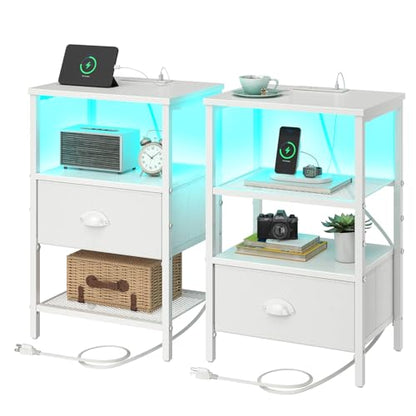 sthmec Nightstands Set of 2, LED Night Stands with Charging Station and Fabric Drawer, Bedside Tables with Drawers, 2- Tier LED Side Table End Table Charging Station Bedroom, White - color: White, style: Power & LED