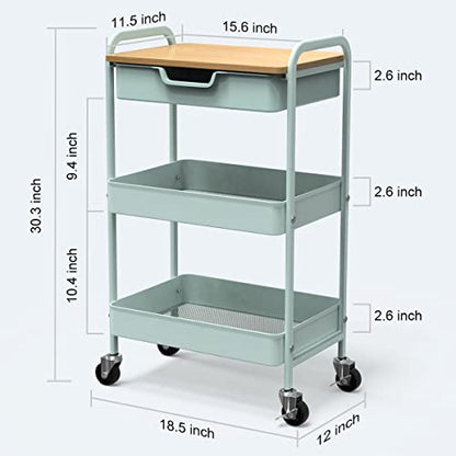 3 Tier Rolling Cart, Utility Cart with Drawer& Table Top, Mint Green | Metal Rolling Kitchen Storage Organizer Cart with Locking Wheels for Bathroom, Office, Balcony, Living Room, Classroom - color: Light Green