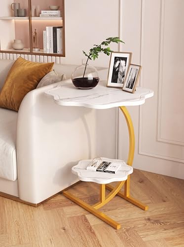 2 Layers Flower Shape Marble Texture Small C-Shaped Side Table,Snack Side Table, End Table for Sofa SideTable,Bedside Table for Living Room Kitchen Garden Bedroom - color: White+gold