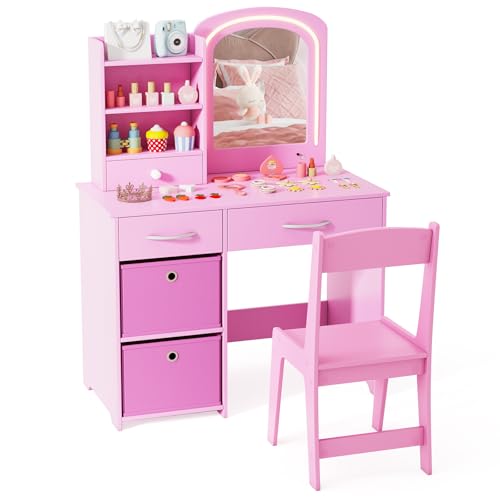 Costzon Kids Vanity with Lights, Princess Makeup Dressing Desk with Mirror and Stool, Storage Drawers, Shelves, Kids Vanity Table and Chair Set for Little Girls (Pink) - style: Pink
