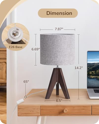 EDISHINE Boho Small Table Lamp, Walnut Color Wooden Tripod Bedside Lamp, Farmhouse Nightstand Lamp for Nursery, Bedroom, Office, Kid Room, Living Room, Grey Linen Lampshade, E26 Socket, 14.2 Inch - color: Walnut Wood Color &Grey Shade