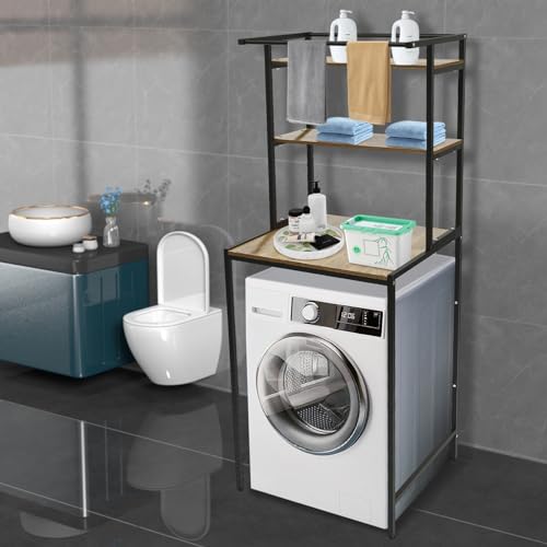 Over Washer and Dryer Shelves,Dryer Storage Shelf,3 Tiers Laundry Room Storage and Organizer Standing Shelf,Height Adjustable Laundry Room Shelves, Load-Bearing Capacity 22lbs (Black+ Oak) - color: Black+ Oak