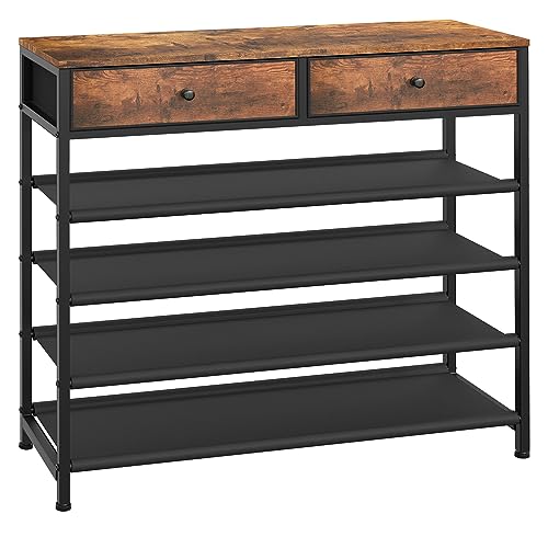 usikey Shoe Rack, 5 Tier Shoe Storage Organizer with 2 Drawers, Metal Shoe Shelf for 16-20 Pairs of Shoes, with 4 Oxford Fabric Shelves and Wooden Top, Shoe Stand for Closet, Entryway, Rustic Brown - color: 5 Tier ( 36.2 X 11 X 36.2 Inches)-rustic Brown
