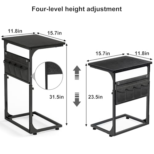 Fixwal C Shaped Side Table Adjustable Height End Table for Couch Small Sofa Table TV Tray with Storage Bag for Living Room, Bedroom & Office, Black - color: Black, style: Wide Board