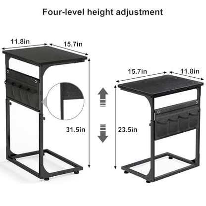 Fixwal C Shaped Side Table Adjustable Height End Table for Couch Small Sofa Table TV Tray with Storage Bag for Living Room, Bedroom & Office, Black - color: Black, style: Wide Board