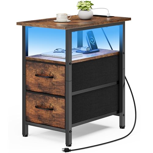 Vagusicc Nightstand with Charging Station and LED Lights, Narrow Side Table, LED Night Stand with 2 Fabric Drawers, Bedside Table with USB Ports and Outlets, Tall Nightstand for Bedroom, Rustic Brown - color: Rustic Brown, size: 1, style: With LEDs