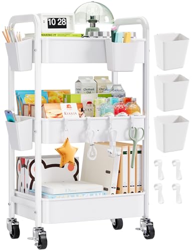3 Tier Rolling Cart with Wheels, Metal Utility Storage Cart on Wheels, Craft Carts Organizer with Hanging Cups, Hooks, Three Tiered Rolling Carts for Bathroom, Laundry Room, Nursery, Office, White - color: White