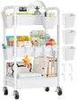 3 Tier Rolling Cart with Wheels, Metal Utility Storage Cart on Wheels, Craft Carts Organizer with Hanging Cups, Hooks, Three Tiered Rolling Carts for Bathroom, Laundry Room, Nursery, Office, White - color: White