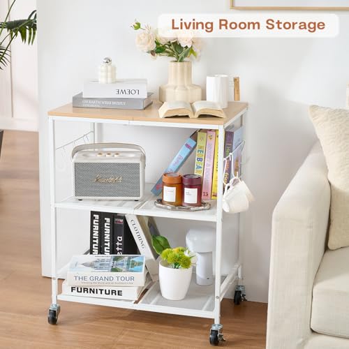 Rolling Kitchen Microwave Cart, 3 Tier Microwave Stand with Storage, Small Kitchen Island on Wheels, Wood and Mental Kitchen Shelf Rack, White Organizer for Living Room, Office, Balcony - color: White
