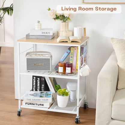 Rolling Kitchen Microwave Cart, 3 Tier Microwave Stand with Storage, Small Kitchen Island on Wheels, Wood and Mental Kitchen Shelf Rack, White Organizer for Living Room, Office, Balcony - color: White
