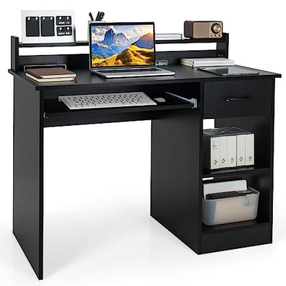 GOFLAME Computer Desk, Home Office Desk with Large Drawers, Hutch, Keyboard Tray, 5-Position Adjustable Open Shelves, Easy Assembly, Writing Desk for Bedroom, Small Space, Living Room, Black - color: Black