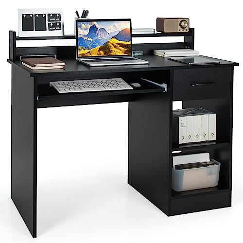 GOFLAME Computer Desk, Home Office Desk with Large Drawers, Hutch, Keyboard Tray, 5-Position Adjustable Open Shelves, Easy Assembly, Writing Desk for Bedroom, Small Space, Living Room, Black - color: Black