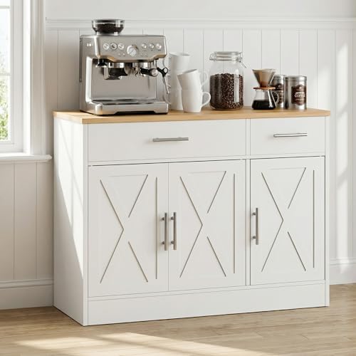 SUNLEI Sideboard Buffet Cabinet with Storage, Kitchen Storage Cabinet with 3 Doors and 2 Drawers, Farmhouse Coffee Bar with Adjustable Shelf for Living Room, White&Yellow - color: White, size: 42.5 inch