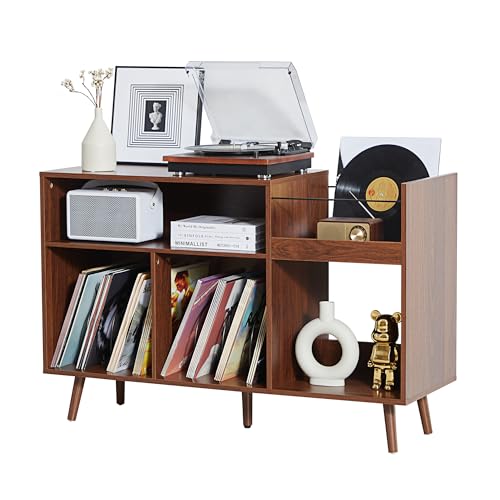 45.3'' Record Player Stand with Vinyl Storage, Wood Turntable Table Holds Up to 350 Albums, Mid Century Modern Record Player Holder Media Cabinet for Living Room, Music Corner (45.3'' Walnut) - color: 45.3'' Walnut