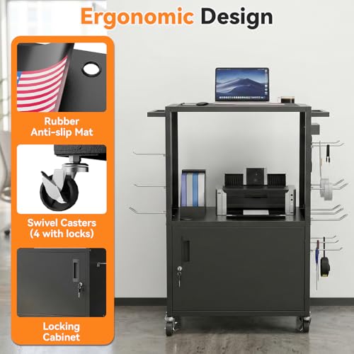 Mobile AV Cart, Heavy Duty Rolling Computer Cart with Push Handle & Hooks – Locking Cabinet, Pegboard, 4 Outlets, Lock Brake Casters – Media Utility Cart on Wheels for Office/Classroom - size: Style 2 18"D x 32"W x 40.5"H