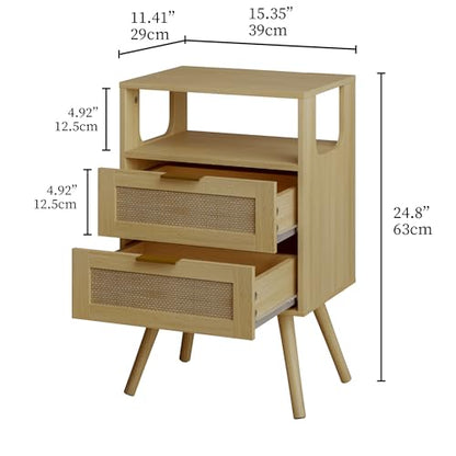 JOONEE Rattan Nightstand,Farmhouse Bedside Table with 2 Storage Drawer and Open Wood Shelf, for Bedroom and Small Spaces,Night Stand with Solid Wood Legs (Yellow Oak) - color: Yellow Oak