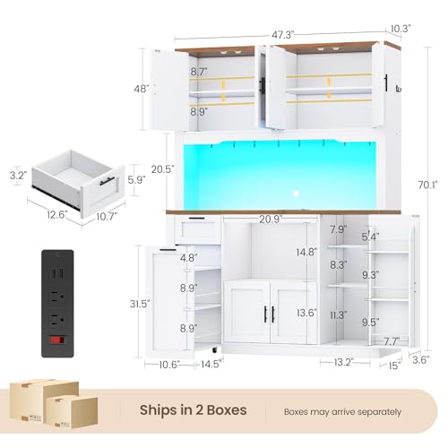 Itaar 71" Pantry Cabinet with Charging Station and LED Light, Kitchen Pantry Cabinet with Microwave Stand, 47.2" Wide Kitchen Storage Cabinets with Storage Cart 3 Tier for Dining Room, White - color: White