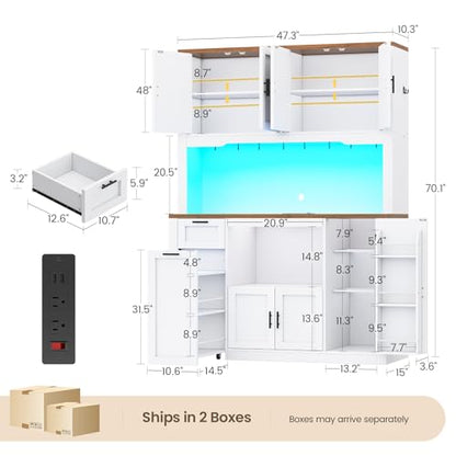 Itaar 71" Pantry Cabinet with Charging Station and LED Light, Kitchen Pantry Cabinet with Microwave Stand, 47.2" Wide Kitchen Storage Cabinets with Storage Cart 3 Tier for Dining Room, White - color: White