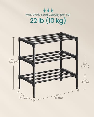 SONGMICS 3-Tier Shoe Rack for Closet, Compact Metal Shoe Organizer Shelf for Entryway, Bedroom, Small Spaces, Stackable, 11.8 x 17.7 x 19.1 Inches, Black ULSA113BH01 - size: 3 Tiers (17.7"W)