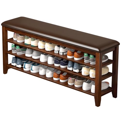 Shoe Bench with 3 Tier Adjustable Shelves Rubberwood Entryway 47.2'' | Hallway organizer, solid wood design, removable shelves, space saving storage, perfect for front doors, family spaces - color: Walnut, size: 47.2''