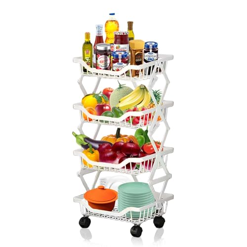 Rolling Rack Storage Cart, Foldable Metal Organizer with casters, Multi-Level Shelf for Kitchen, Office, Laundry, White 4-Tier 14.17" L x 10.71" W x 29.5" H - color: White, size: 4 Tier