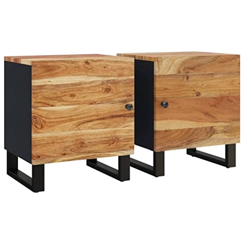 Bedside Cabinet Set of 2, Industrial Nightstand with Solid Acacia Wood Top and Matte Black Metal Frame, Modern End Table for Bedroom Storage, 18.1 Inch Height - size: Medium