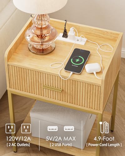 Nightstand with Charging Station, 3-Tier Bed Side Table, Small End Table, Night Standwith Open Shelf and Drawer, Bedside Table for Bedroom, Living Room, Oak - color: Oak, style: With Charging Station