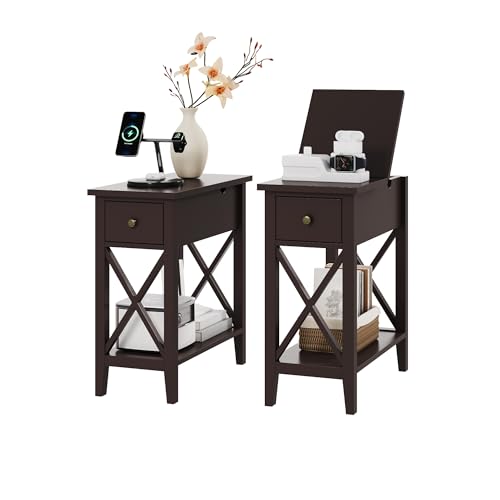 ChooChoo End Table, Flip Top Narrow End Table with Drawer, Set of 2 | Narrow Side Table with Flip Top, Accent Small Side Table Nightstand for Living Room, Bedroom, and Small Spaces, Espresso - color: Espresso, size: 2 Pack, style: Without Power
